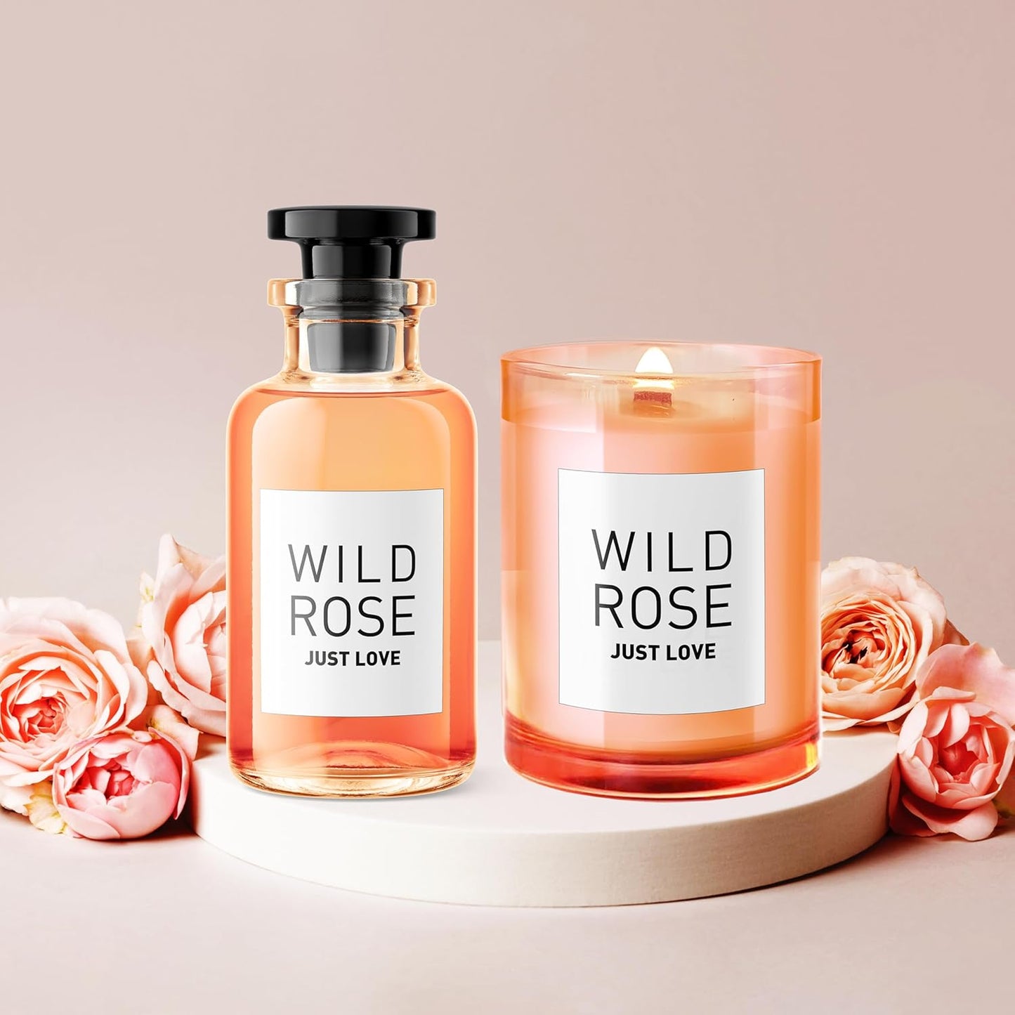 JUST LOVE® Duftkerze + Raumduft als Geschenkset, Rose, Sanfter Rosenduft für Entspannung und Wohlgefühl. Ideal als Geschenke für Frauen, Valentinstaggeschenk für Sie