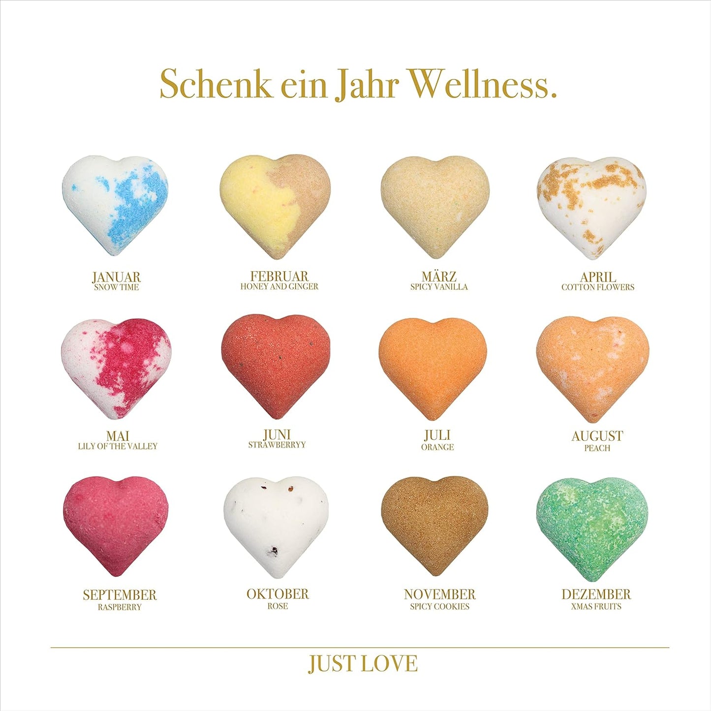 JUST LOVE hochwertiges Badebomben Set in Herzform, Wellness mit natürlichen Inhaltsstoffen, Geschenke für Frauen