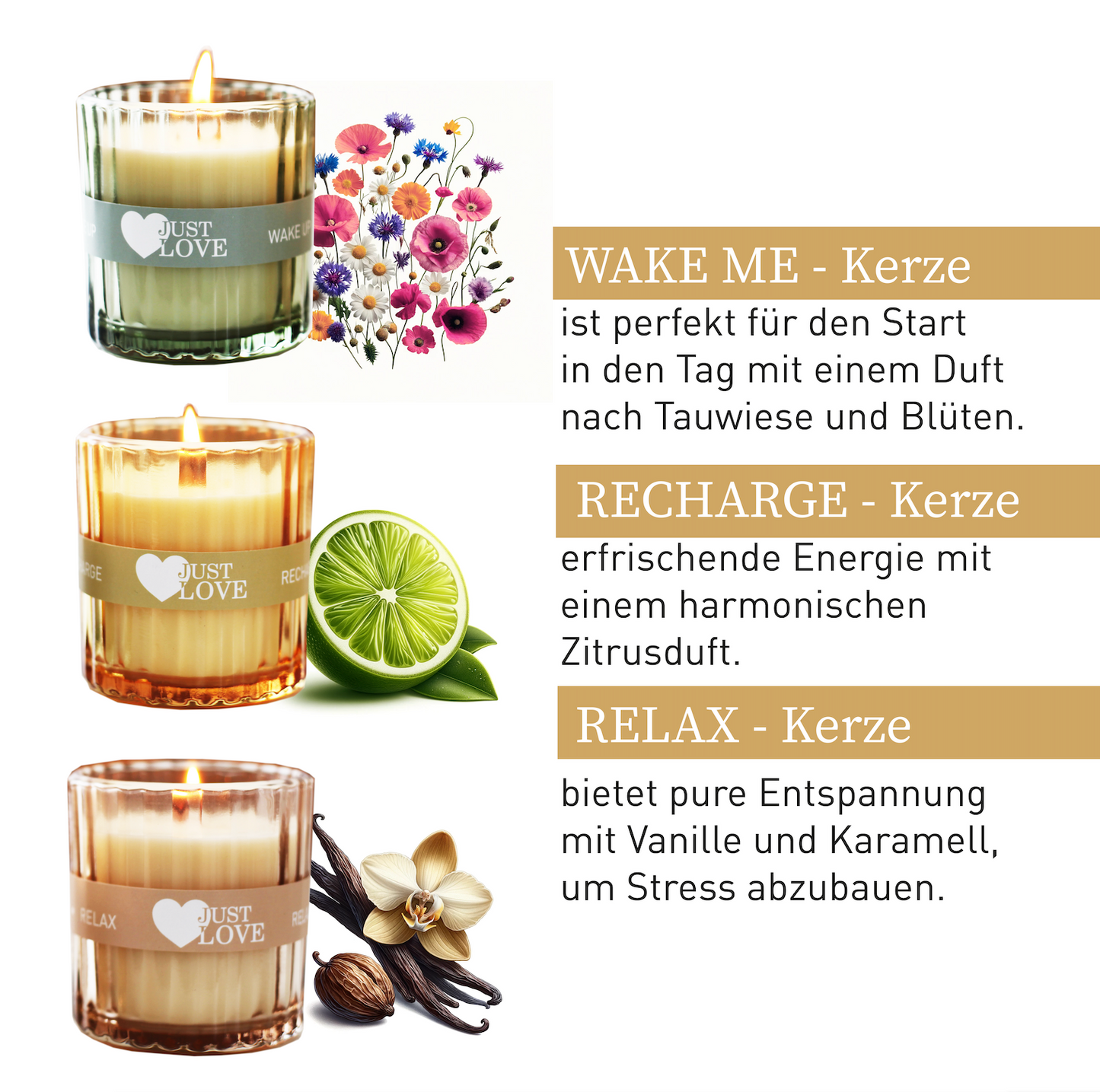 JUST LOVE „me time“ Duftkerzen Set für deine individuelle Stimmung, Duftkerze, Geschenke für Frauen, Valentinstaggeschenk, duftkerze im glas, beste Freundin Geschenk