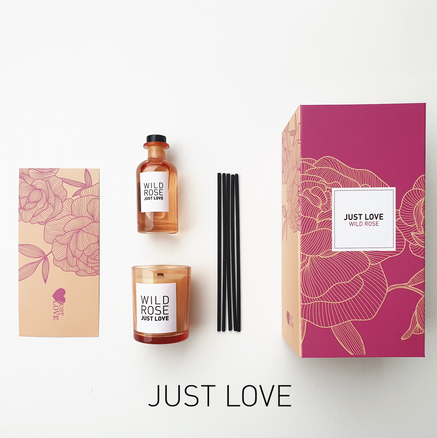 JUST LOVE® Duftkerze + Raumduft als Geschenkset, Rose, Sanfter Rosenduft für Entspannung und Wohlgefühl. Ideal als Geschenke für Frauen, Valentinstaggeschenk für Sie