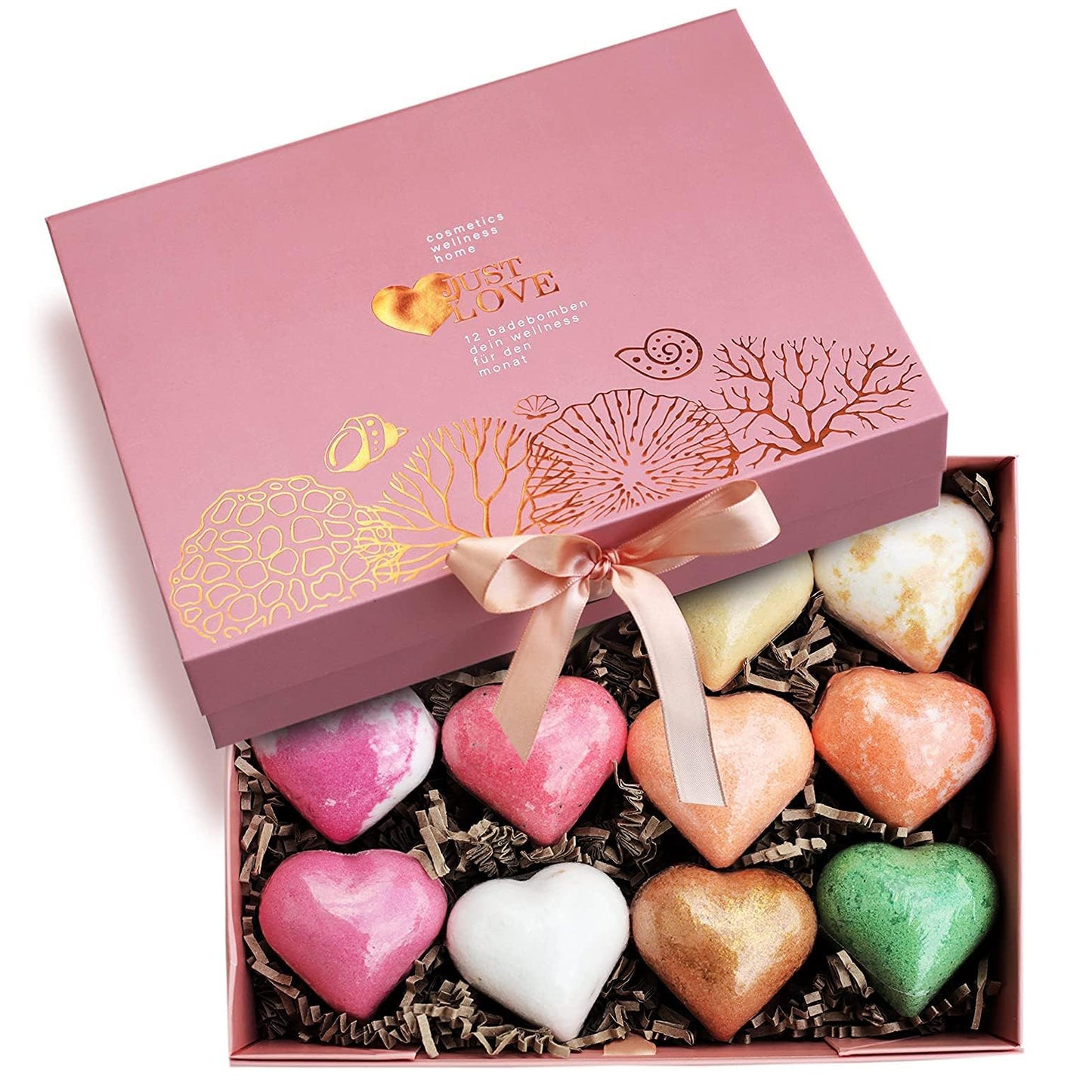 JUST LOVE hochwertiges Badebomben Set in Herzform, Wellness mit natürlichen Inhaltsstoffen, Geschenke für Frauen