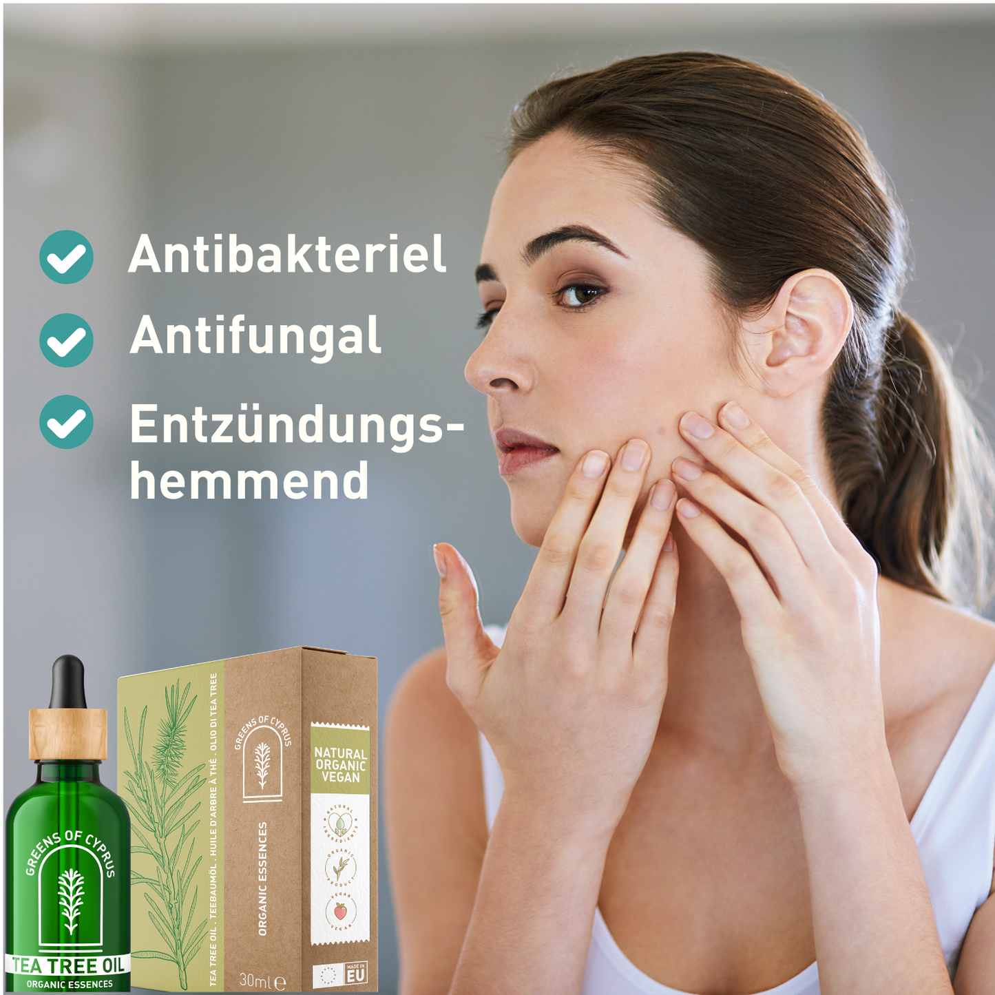 Teebaumöl 100% Bio & Rein - Hochwertiges Ätherisches Öl - Ideal für Haut, Haare & Nägel - Teebaumöl - Melaleuca Ätherisches Öl - GREENS OF CYPRUS
