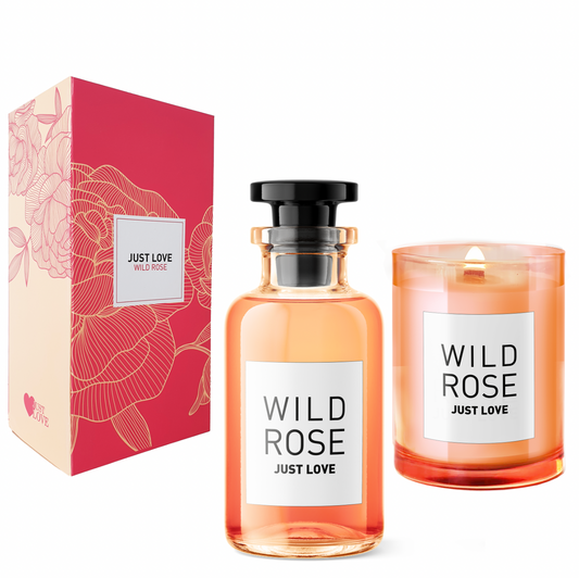 JUST LOVE® Duftkerze + Raumduft als Geschenkset, Rose, Sanfter Rosenduft für Entspannung und Wohlgefühl. Ideal als Geschenke für Frauen, Valentinstaggeschenk für Sie
